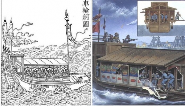 송나라 시대의 차륜선 (수차의 원리를 이용한 배)