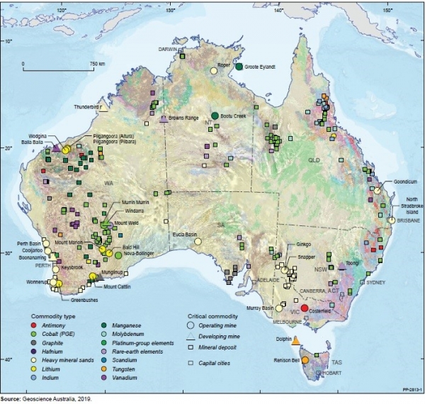 호주 주요 핵심광물 분포 및 광산 발굴 현황. (출처=2019 호주 핵심광물 전략 보고서)