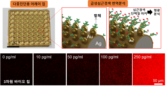 초고감도 급성심근경색 진단용 바이오 칩 사진 및 면역분석 결과. (사진=재료연구원)