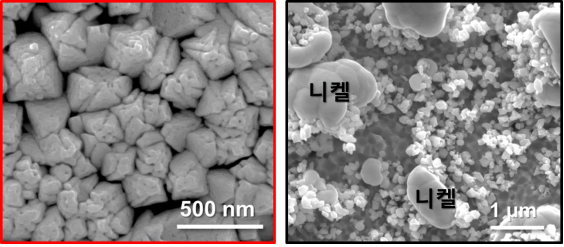 신개념 低니켈함량 연료극(왼쪽)과 기존 高니켈함량 연료극(오른쪽)의 산화-환원 사이클 후 미세구조 비교. (사진=KIST)