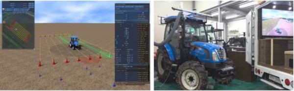 한국기계연구원이 개발한 VR기반 무인작업기계 가상시험 프로그램 실행 화면(왼쪽)과 실제 무인트랙터와 연동하여 가상시험을 수행하는 장면(오른쪽). (사진=기계연구원)