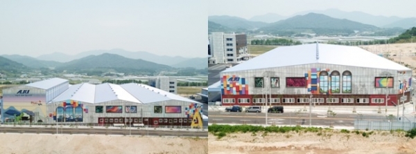 준공을 앞둔 아주스틸 김천공장의 외벽. 고속 디지털 프린팅 기술을 적용해 다양한 무늬와 패턴의 강판으로 외벽을 디자인했다. (사진=아주스틸)