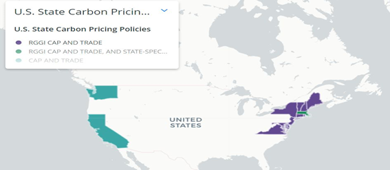 미국 주별 탄소세 도입 지도. (출처=Center for Climate And Energy Solutions)
