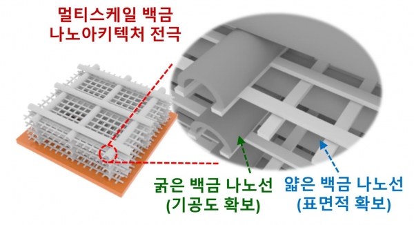 철골구조와 비슷한 형태의 멀티스케일 백금 나노 아키텍처 전극 모식도. (사진=KIST)