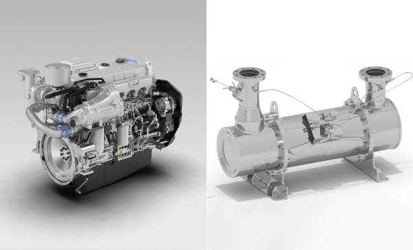 현대두산인프라코어가 최신 전자식 선박엔진을 출시했다. 사진은 이번에 출시된 전자식 선박엔진 DX12(왼쪽)와 유해물질 배출 차단 기술이 적용된 SCR 머플러(오른쪽). (사진=현대두산인프라코어)