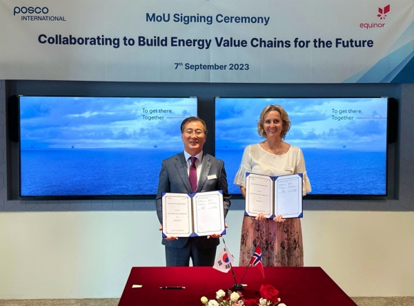 포스코인터내셔널이 노르웨이 종합 에너지기업 에퀴노르와 친환경 분야 포괄적 협력을 위한 양해각서를 체결했다. (사진=포스코인터내셔널)