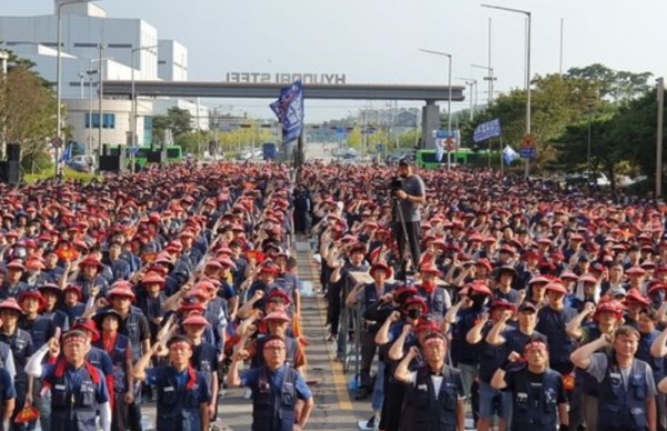 지난 2019년 현대제철 당진공장에서 열린 5개 지회 공동투쟁 출정식 현장./현대제철노조