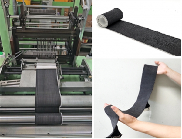 형상기억합금 코일실 기반 근육옷감 연속생산 자동직조장비(좌) 및 제작품(우). (사진=기계연구원)