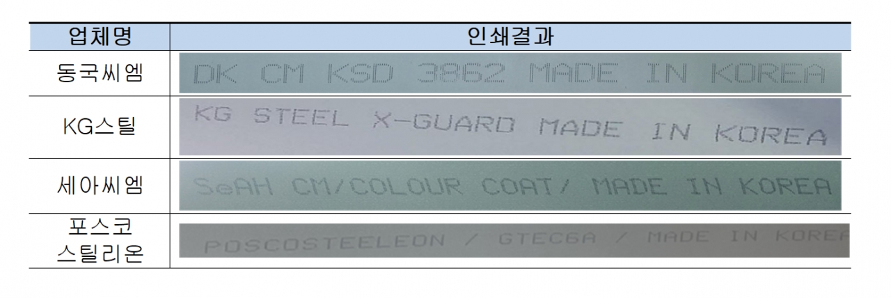 각 사 컬러강판 후면 마킹 사례