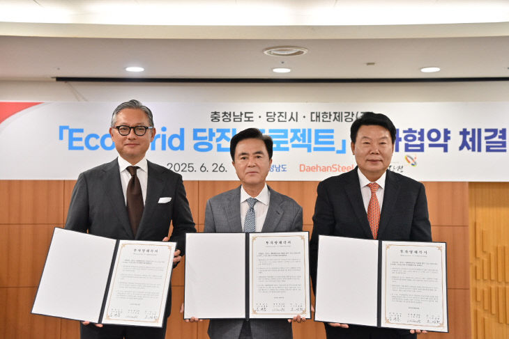 지난해 6월 충남도와 당진시, 대한제강이 에코-그리드 당진 프로젝트 추진을 위한 투자양해각서를 체결한 뒤 기념사진을 찍고 있다(사진=충남도청)<br>