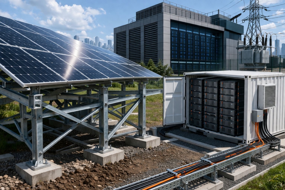 데이터센터와 에너지저장장치(ESS) 확대에 따라 태양광 및 배터리 설비 수요가 빠르게 늘고 있지만, 이를 지탱하는 하부구조물 분야에서는 KS 기준 공백이 이어지고 있는 것으로 나타났다. /AI로 생성한 이미지