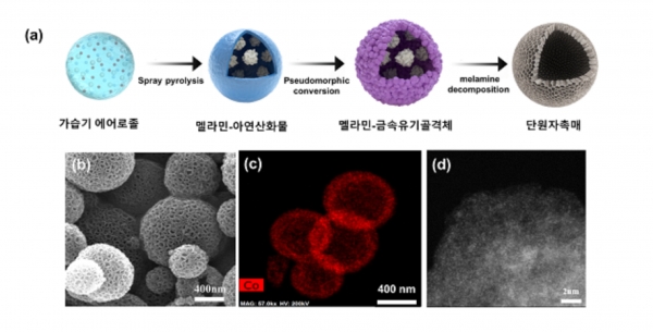 (a) 가습기공정을 이용한 단원자촉매 합성과정 단원자 촉매의 (b) SEM 이미지 (c) 코발트 원소 맵핑 이미지 (d) 고해상도 TEM 이미지. (사진=KIST)