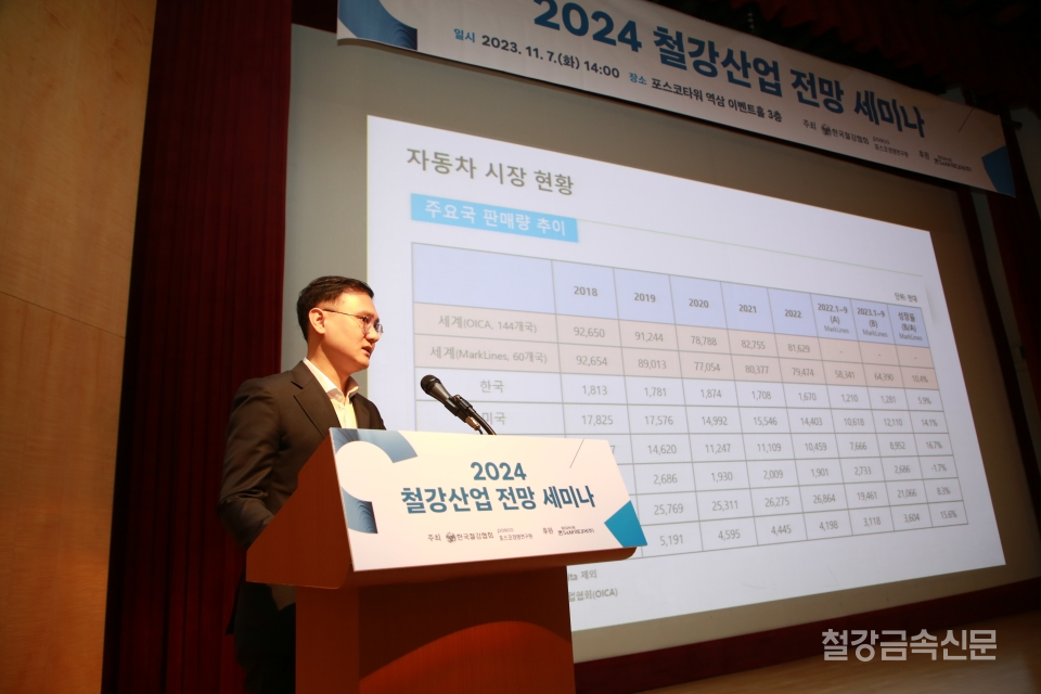7일 오후 서울 포스코타워 역삼 이벤트홀에서 열린 '2024년 철강산업 전망 세미나' 에서 한국자동차연구원 산업분석실 이호 실장이 자동차 시장 동향 및 전망을 주제로 한 발표를 하고 있다.