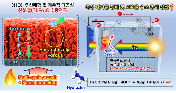 정렬·계층 다공 구조로, Ti-도핑 헤마타이트 광전극과 하이드라진 산화 기반 PV-PEC 수소 생산 개념도. (출처=한국연구재단)
