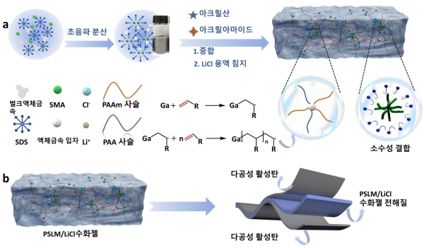 액체금속 기반 수화젤 전해질의 제조 및 소자 구조 모식도. (출처=한국연구재단)