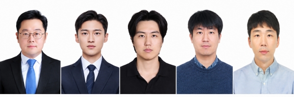 ‘액체금속 방열 신소재’ 개발 연구팀. 좌측부터 강원대 임태환 교수(교신저자), 강원대 이윤수 자체인턴(제1저자), 강원대 오상근 학생(공저자), 생기원 김시형 수석연구원(교신저자), 동아대 김정한 교수(교신저자). (사진=생산기술연구원)
