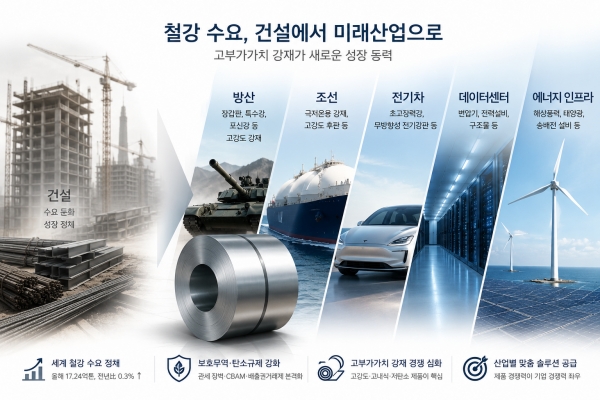 건설 중심의 철강 수요가 둔화하는 가운데 방산, 조선, 전기차, 데이터센터, 에너지 인프라 등 고부가가치 산업이 새로운 철강 수요처로 부상하고 있다. 철강업계는 고강도·고내식·저탄소 강재를 중심으로 제품 경쟁력 강화에 나서고 있다. AI 생성 이미지