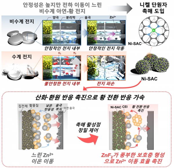 비수계 아연-황 전지의 느린 황 전환 반응을 개선하는 니켈 단원자 촉매(Ni-SAC)의 작동 원리 모식도. (출처=POSTECH)